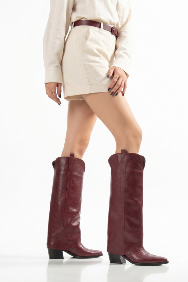 Bordo Cilt Mat Deri Düz Pantolon Western Çizme 2323 39