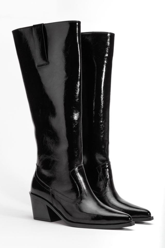 Siyah Kırışık Rugan Binici Western Kovboy Düz Uzun Çizme 4060