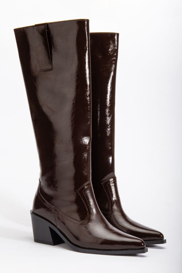 Kahve  Kırışık Rugan Binici Western Kovboy Düz Uzun Çizme 4060