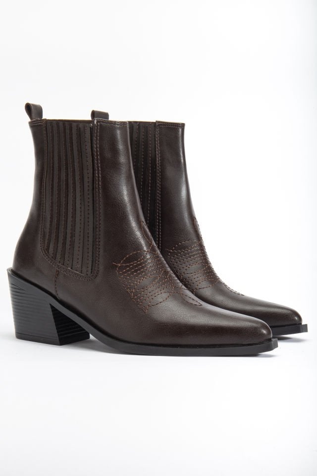 Acı Kahve Mat Deri Sivri Burun Lastikli Western Bot 1640 39