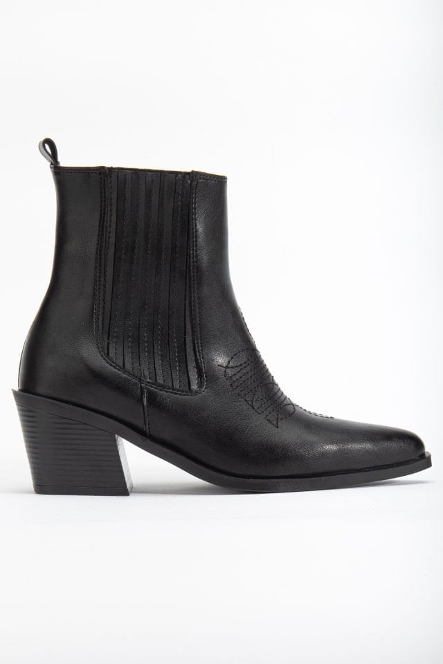 Siyah Mat Deri Sivri Burun Lastikli Western Bot 1640