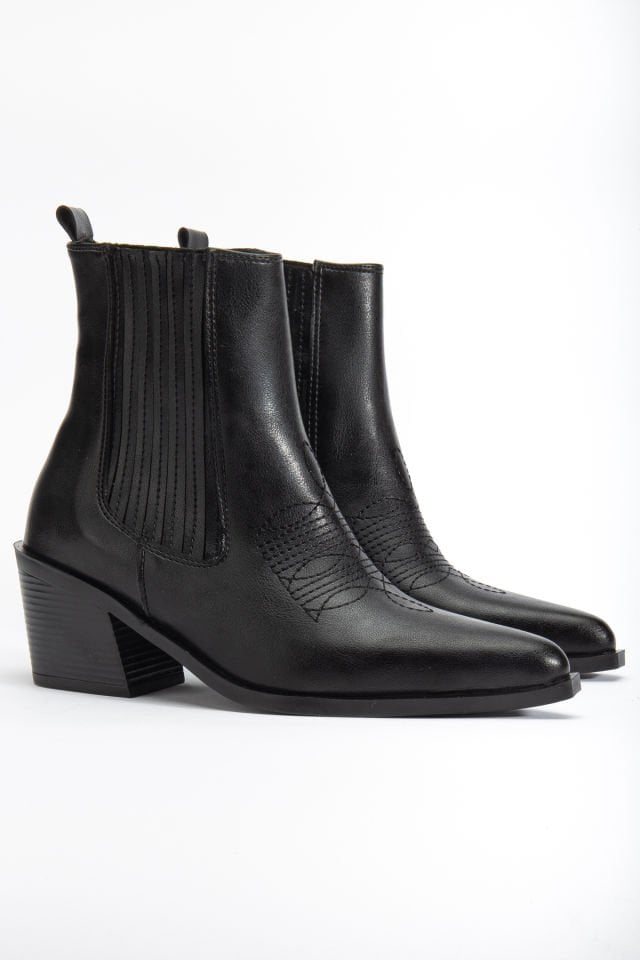 Siyah Mat Deri Sivri Burun Lastikli Western Bot 1640 39