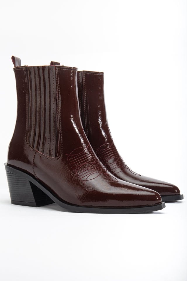 Bordo Kırışık Rugan Sivri Burun Lastikli Western Bot 1640 39