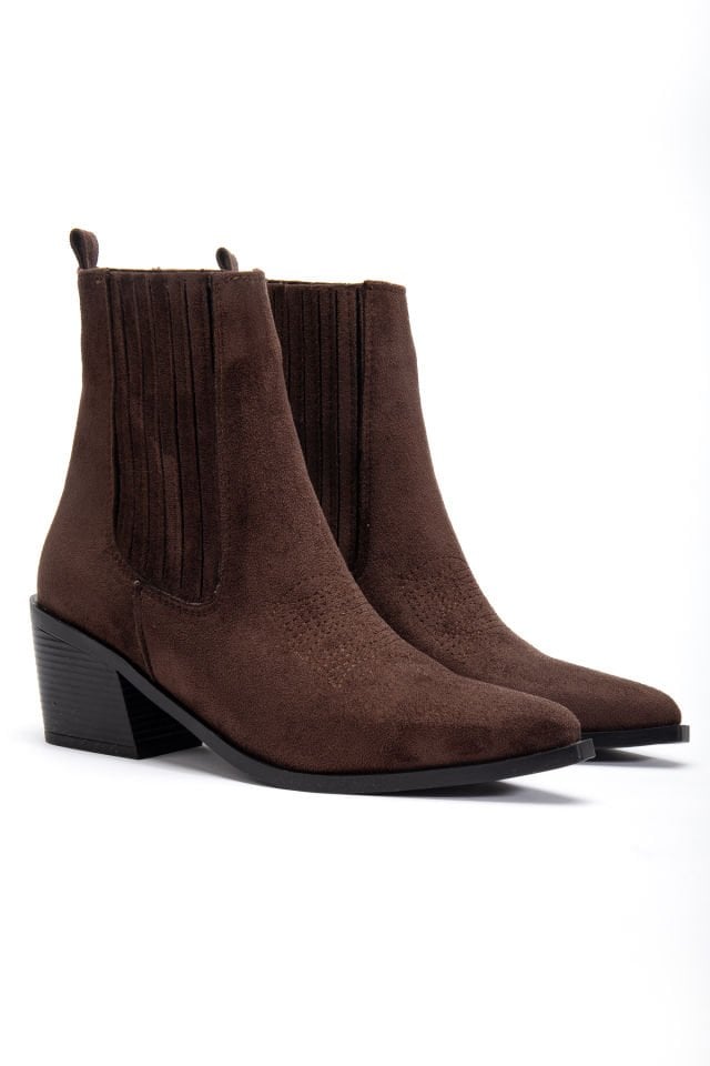 Kahve Mat Süet Sivri Burun Lastikli Western Bot 1640