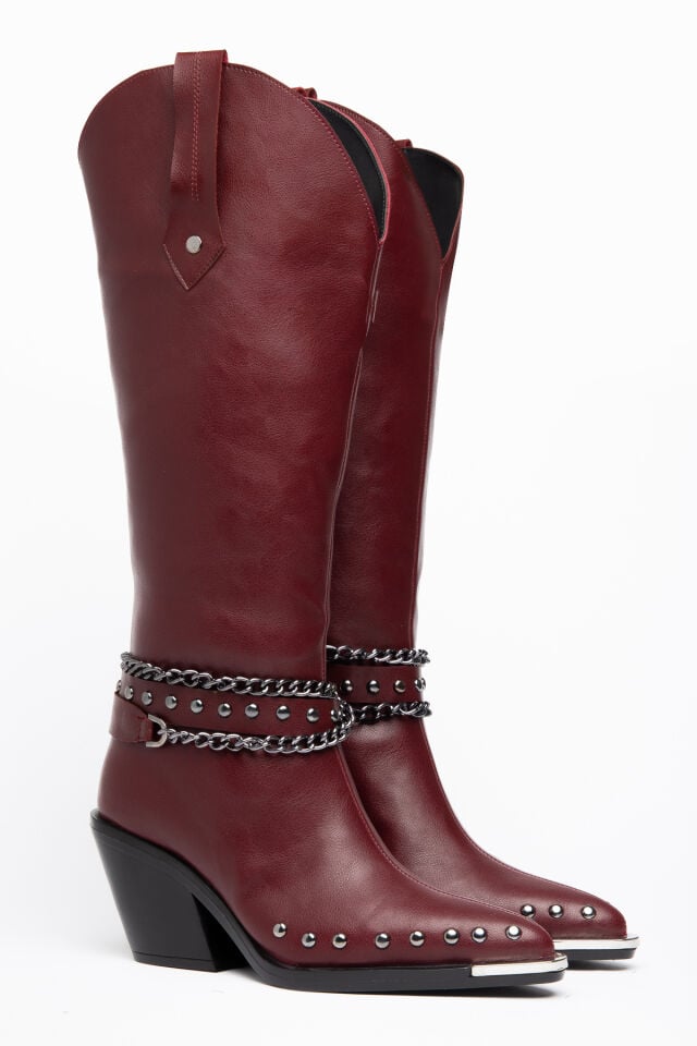 Bordo Mat Deri Zincir Trok Detay Western Çizme 6785 39