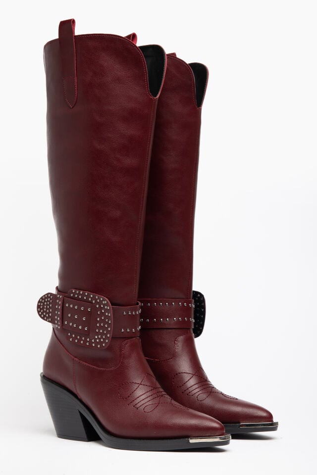 Bordo Mat Deri Trok Toka Detay Western Çizme 6850 39