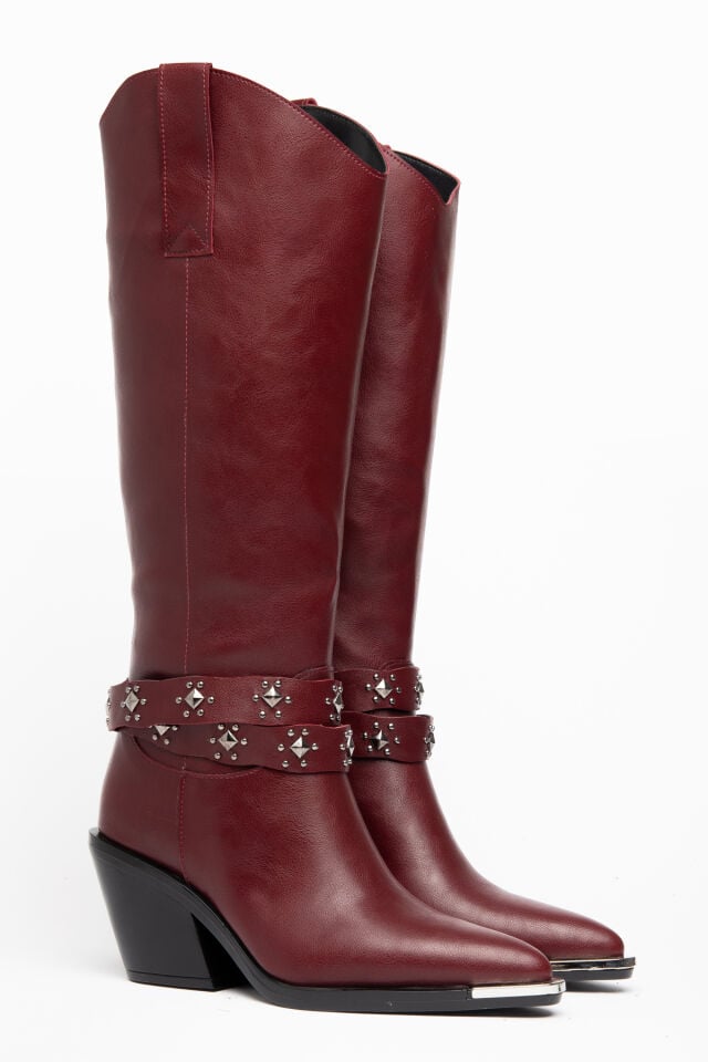 Bordo Mat Deri Trok  Detay Western Çizme 6633 39