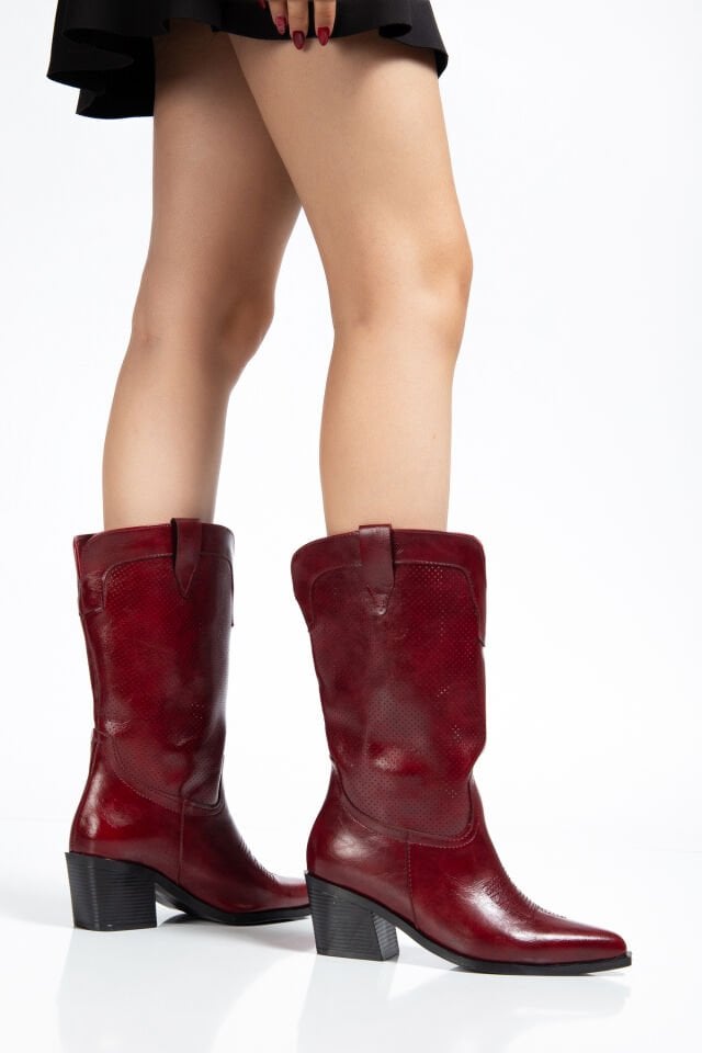 Bordo Mat Deri Sivri Burun Delikli Western Bot 3574