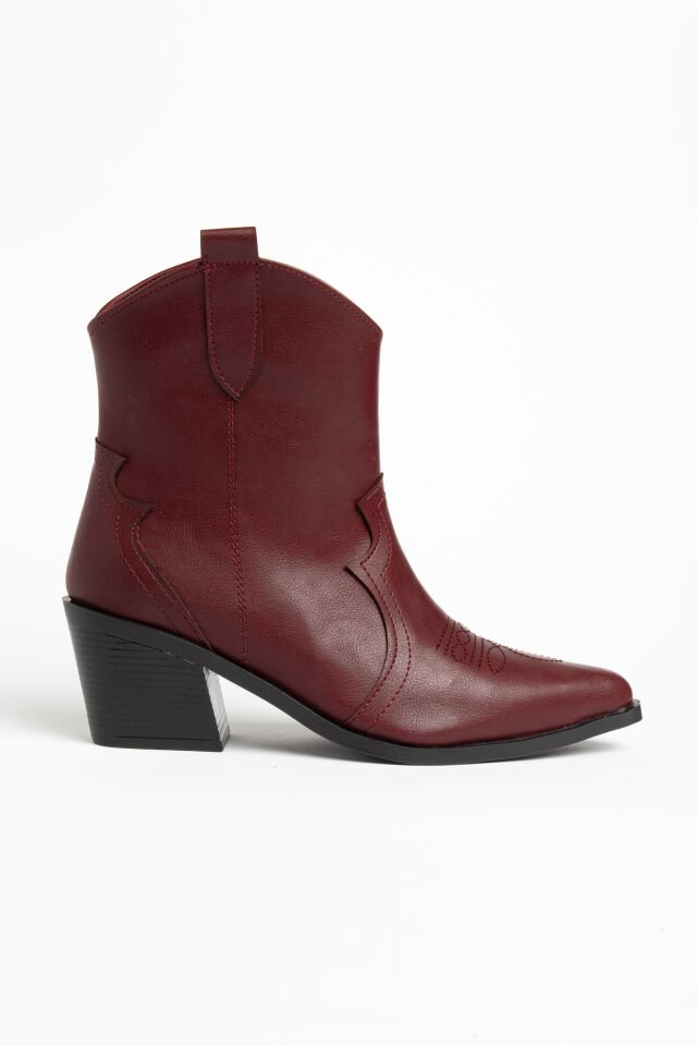 Bordo Mat Deri Western Kovboy Bilekte Kısa Bot 1110 39
