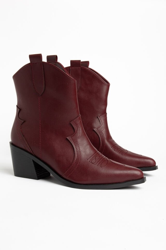 Bordo Mat Deri Western Kovboy Bilekte Kısa Bot 1110 39