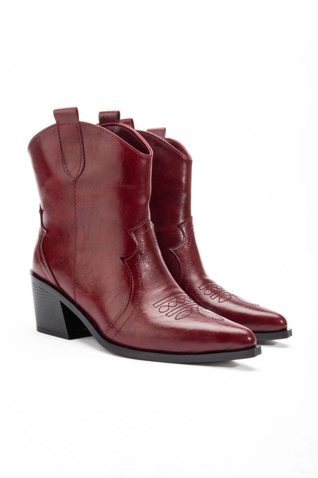 Bordo Mat Deri Western Kovboy Bilekte Kısa Bot 1110
