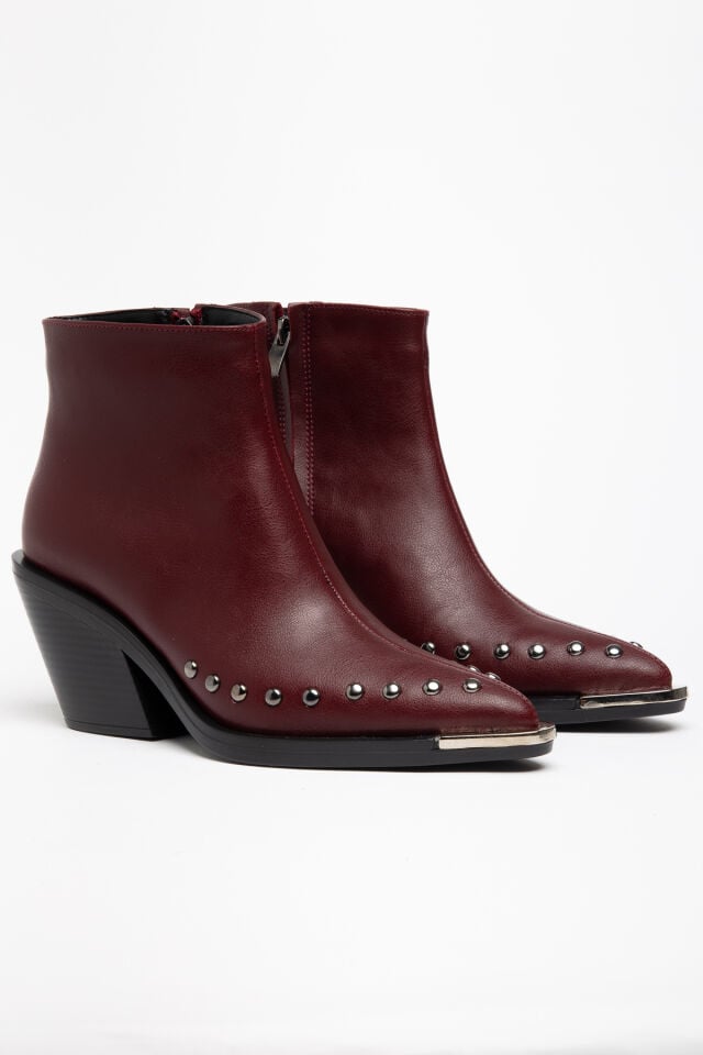 Bordo Mat Deri Trok Detay Fermuarlı  Western Bot 3421 39