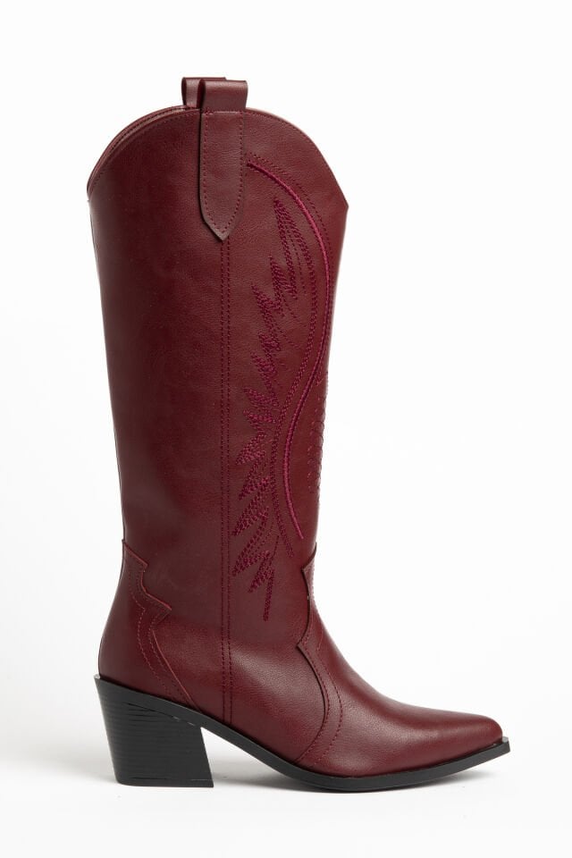 Bordo  Mat Deri Western Kovboy Nakışlı Çizme 5110 39
