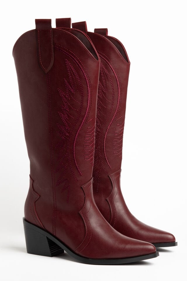 Bordo  Mat Deri Western Kovboy Nakışlı Çizme 5110 39