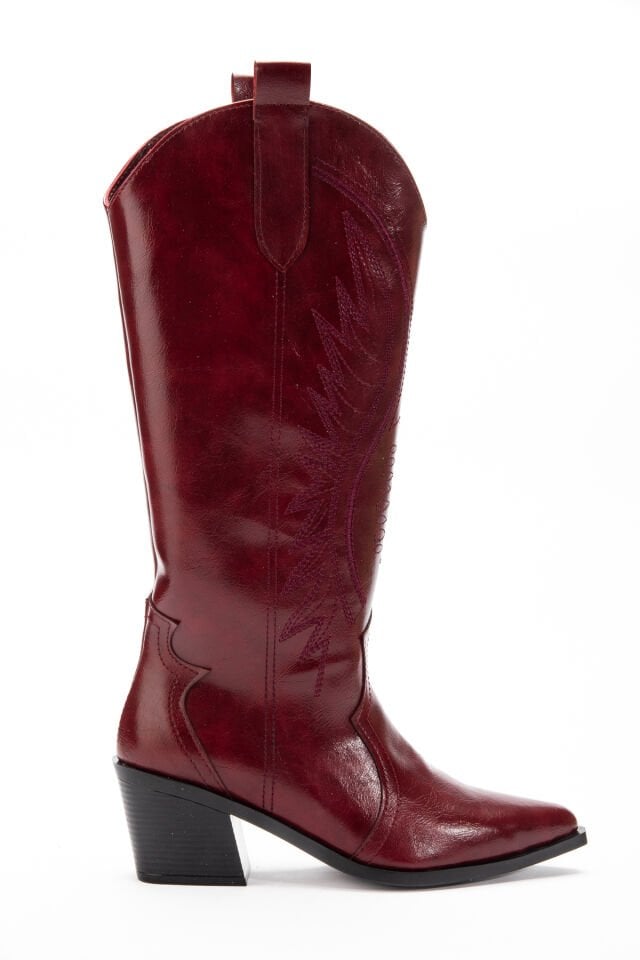 Bordo  Mat Deri Western Kovboy Nakışlı Çizme 5110