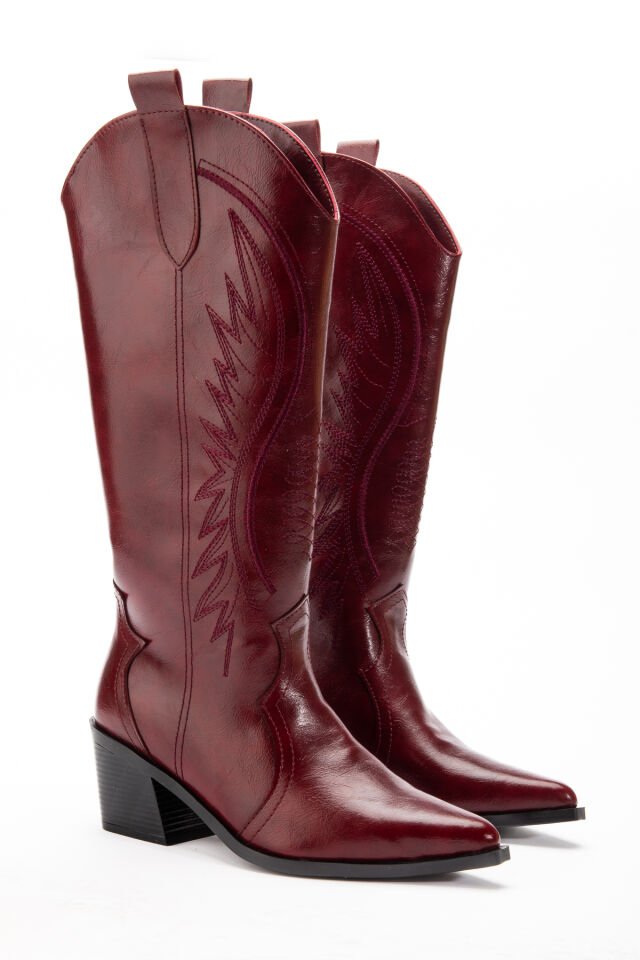 Bordo  Mat Deri Western Kovboy Nakışlı Çizme 5110