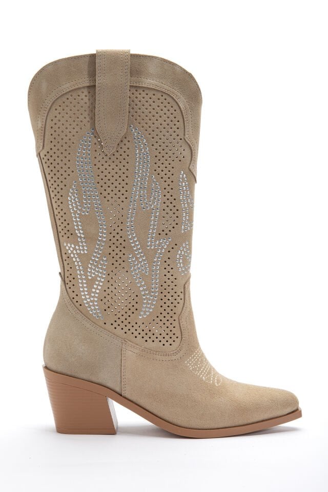 Bej Hakiki Süet Taşlı Sivri Burun Delikli Western Bot 6811