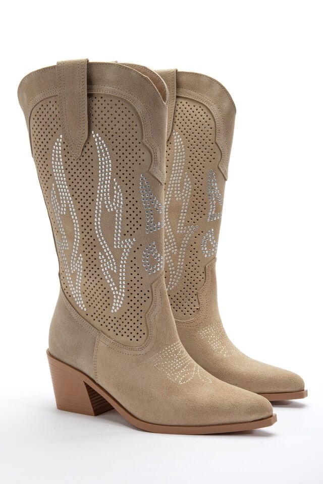 Bej Hakiki Süet Taşlı Sivri Burun Delikli Western Bot 6811