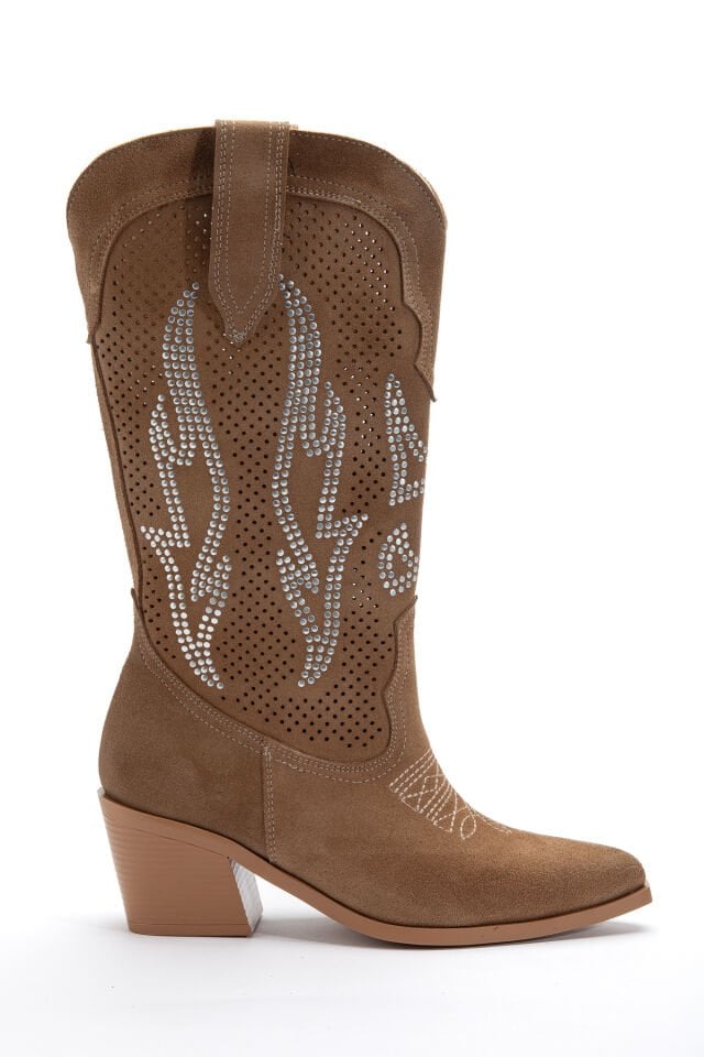 Camel Hakiki Süet Taşlı Sivri Burun Delikli Western Bot 6811