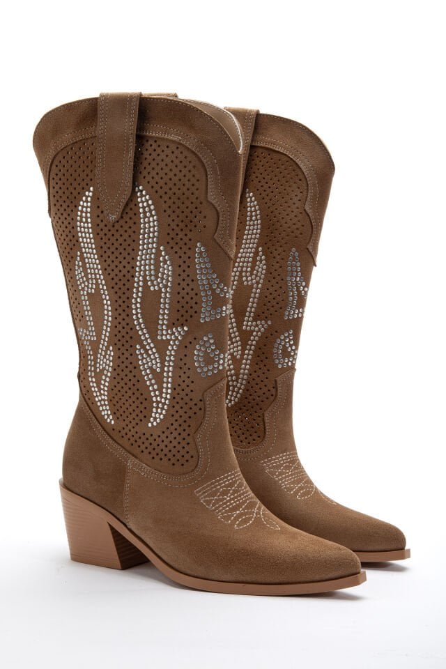 Camel Hakiki Süet Taşlı Sivri Burun Delikli Western Bot 6811