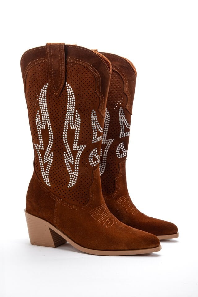 Taba Hakiki Süet Taşlı Sivri Burun Delikli Western Bot 6811