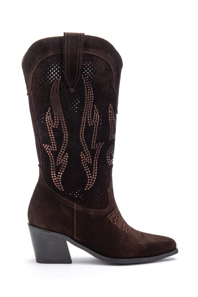 Kahve Hakiki Süet Taşlı Sivri Burun Delikli Western Bot 6811