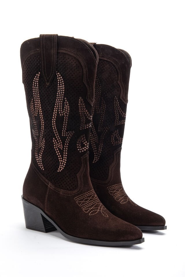 Kahve Hakiki Süet Taşlı Sivri Burun Delikli Western Bot 6811