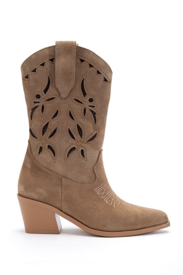 Camel Hakiki Süet Nakışlı Sivri Burun Western Bot 5714 39