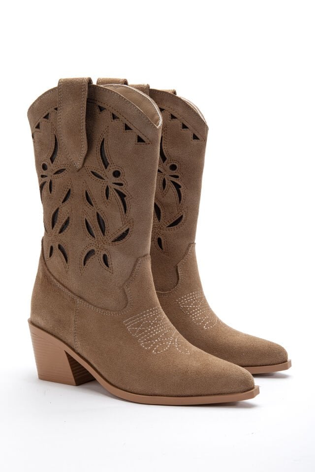 Camel Hakiki Süet Nakışlı Sivri Burun Western Bot 5714
