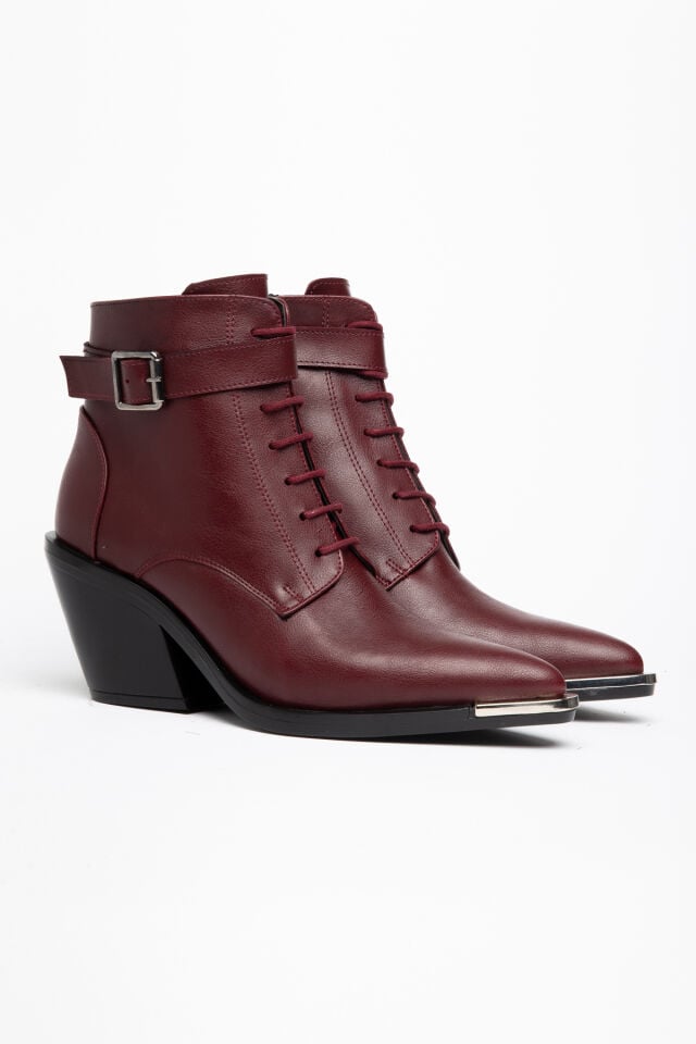 Bordo Mat Deri Bağcıklı Fermuarlı Western Bot 3000 39