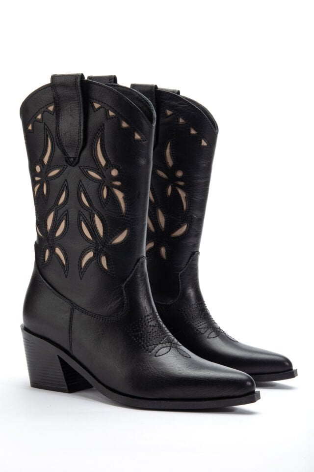 Siyah Hakiki Deri Nakışlı Sivri Burun Western Bot 5714