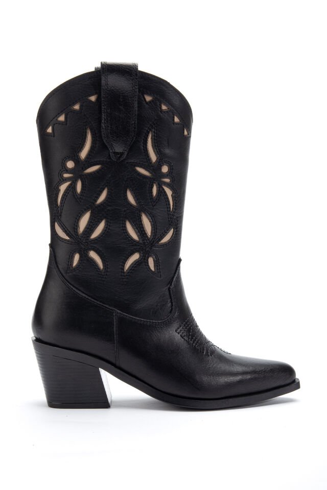 Siyah Hakiki Deri Nakışlı Sivri Burun Western Bot 5714