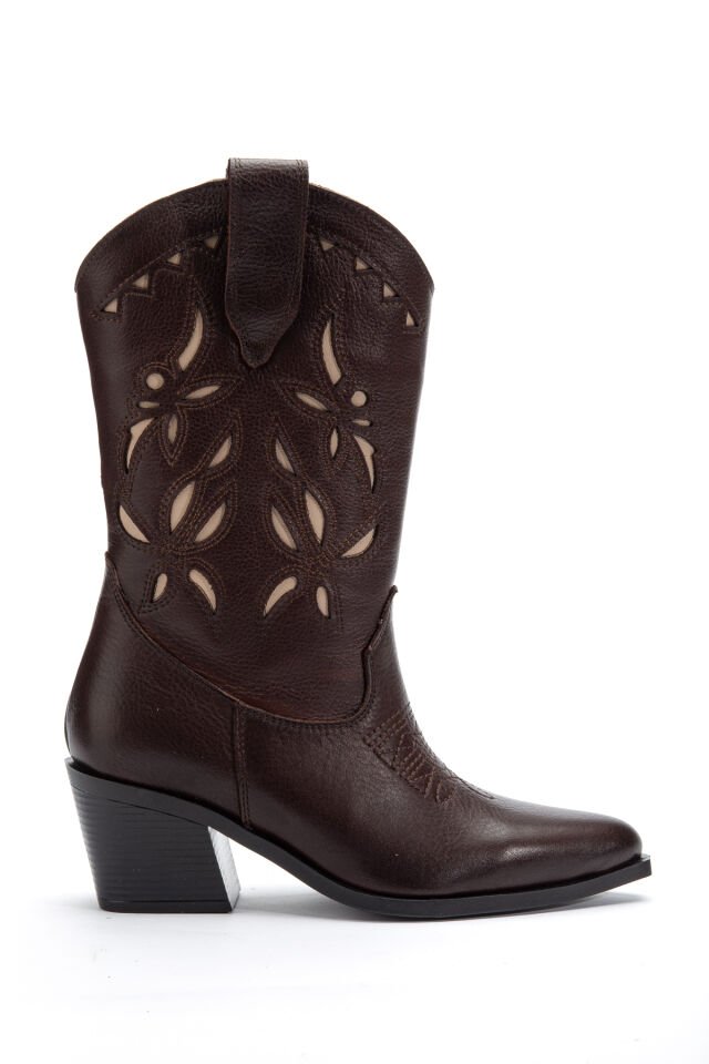 Kahve Hakiki Deri Nakışlı Sivri Burun Western Bot 5714