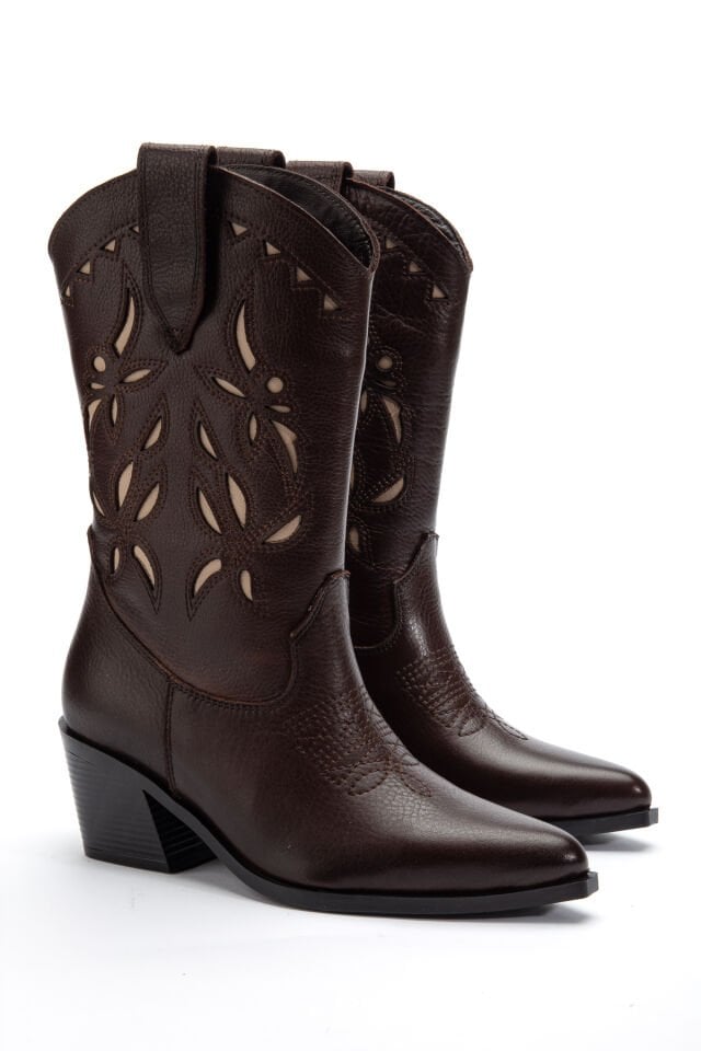 Kahve Hakiki Deri Nakışlı Sivri Burun Western Bot 5714