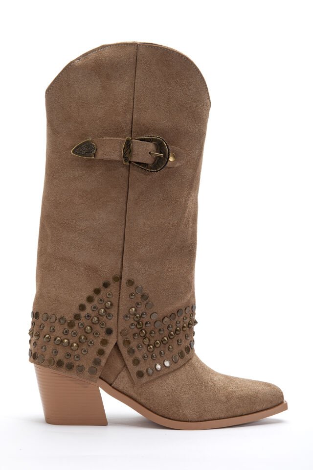 Camel Hakiki Süet Trok Detay Sivri Burun Pantolon Western Çizme 8712