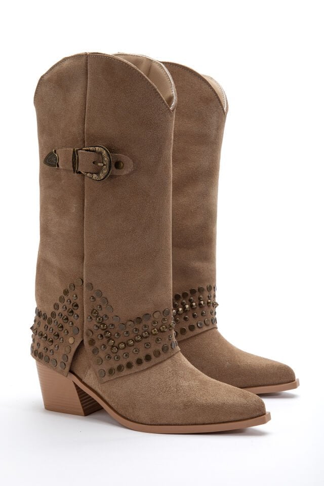 Camel Hakiki Süet Trok Detay Sivri Burun Pantolon Western Çizme 8712