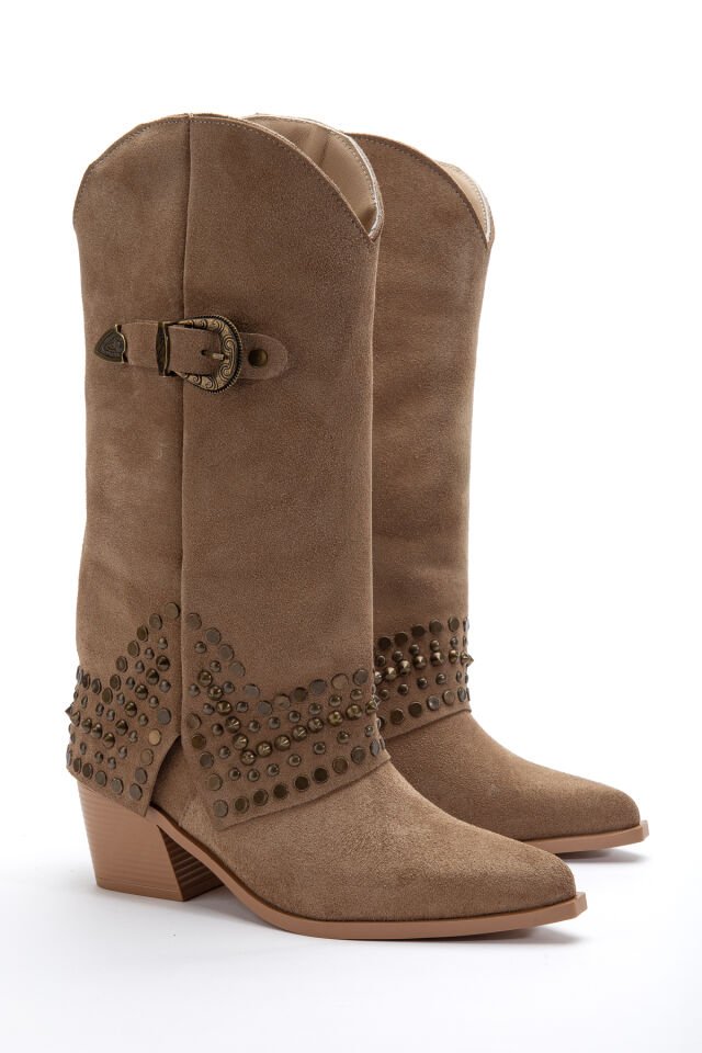 Camel Hakiki Süet Trok Detay Sivri Burun Pantolon Western Çizme 8712