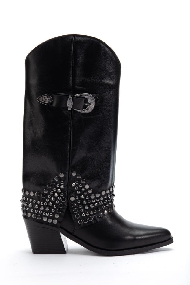 Siyah Hakiki Deri Trok Detay Sivri Burun Pantolon Western Çizme 8712