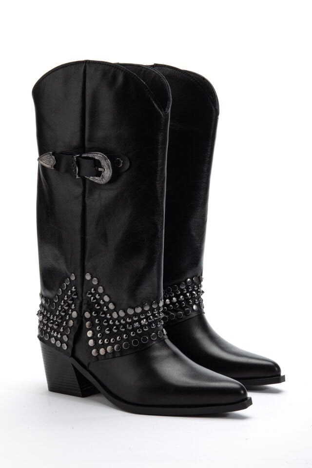 Siyah Hakiki Deri Trok Detay Sivri Burun Pantolon Western Çizme 8712