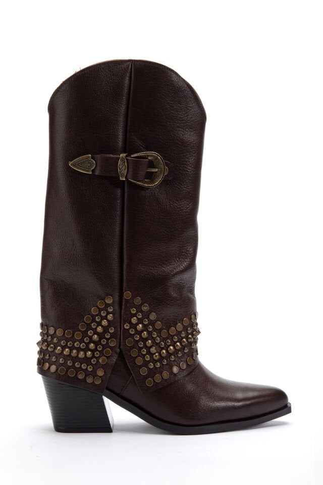 Kahve Hakiki Deri Trok Detay Sivri Burun Pantolon Western Çizme 8712