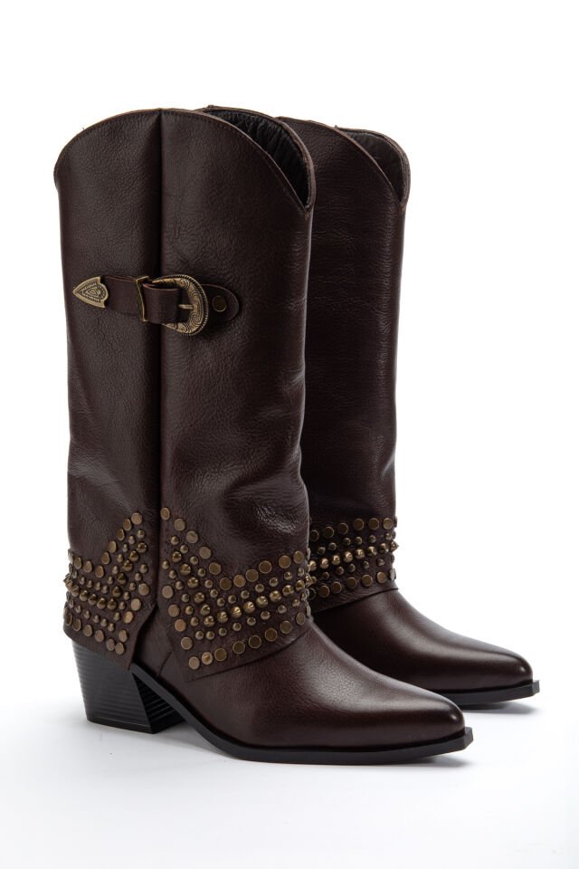 Kahve Hakiki Deri Trok Detay Sivri Burun Pantolon Western Çizme 8712