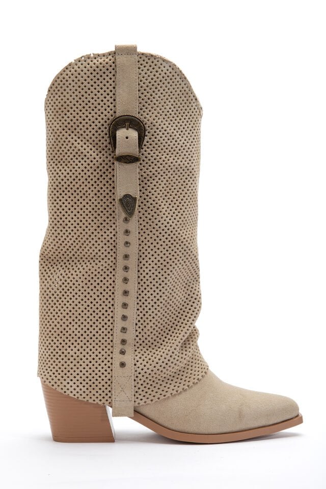Bej Hakiki Süet Trok Detay Sivri Burun Delikli Pantolon Western Çizme 8813