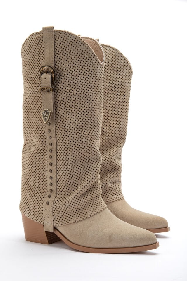 Bej Hakiki Süet Trok Detay Sivri Burun Delikli Pantolon Western Çizme 8813