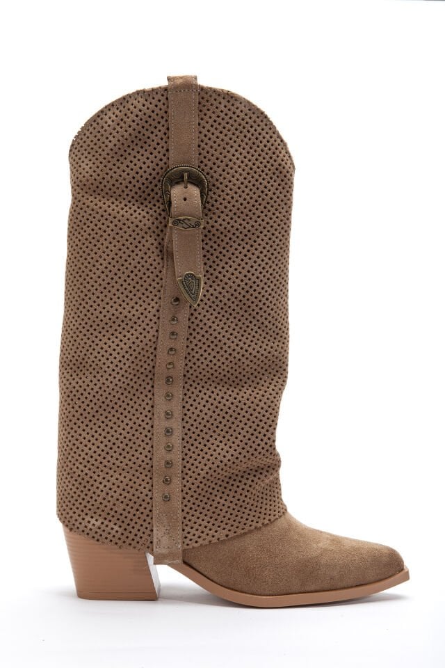 Camel Hakiki Süet Trok Detay Sivri Burun Delikli Pantolon Western Çizme 8813