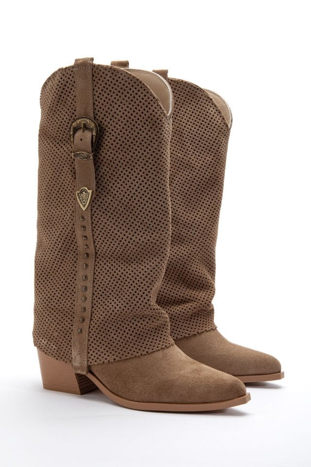 Camel Hakiki Süet Trok Detay Sivri Burun Delikli Pantolon Western Çizme 8813