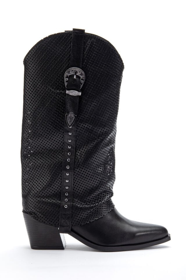 Siyah Hakiki Deri Trok Detay Sivri Burun Delikli Pantolon Western Çizme 8813