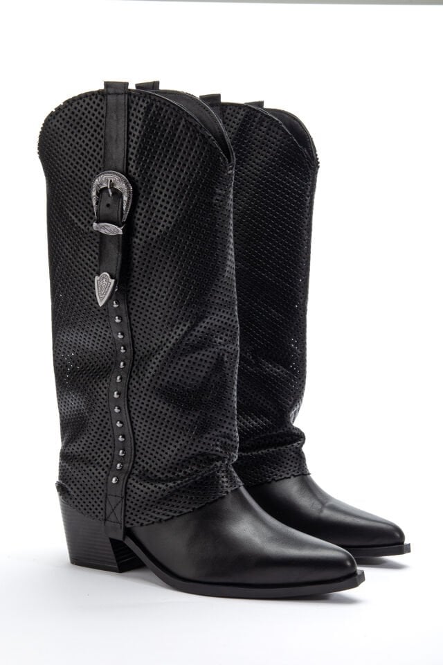 Siyah Hakiki Deri Trok Detay Sivri Burun Delikli Pantolon Western Çizme 8813