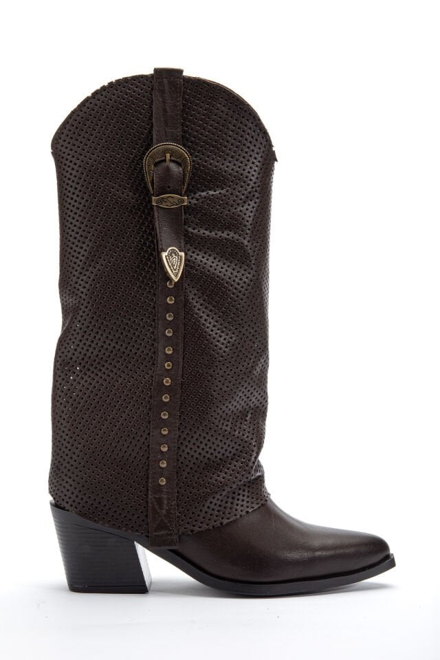 Kahve Hakiki Deri Trok Detay Sivri Burun Delikli Pantolon Western Çizme 8813