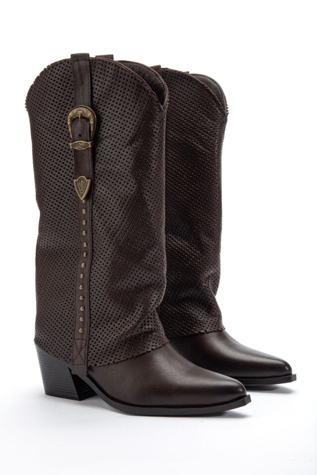 Kahve Hakiki Deri Trok Detay Sivri Burun Delikli Pantolon Western Çizme 8813