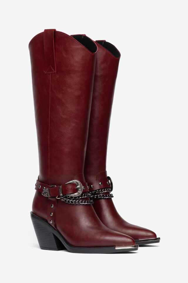 Bordo Mat Deri Zincir Trok Toka Detay Western Çizme 6009 39